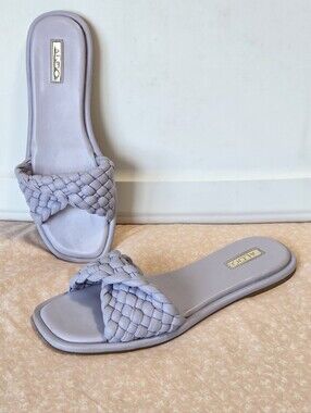 Aldo Lilac Purple Woven Braided Flat Slide Sandals Leather Square Toe Sz 9